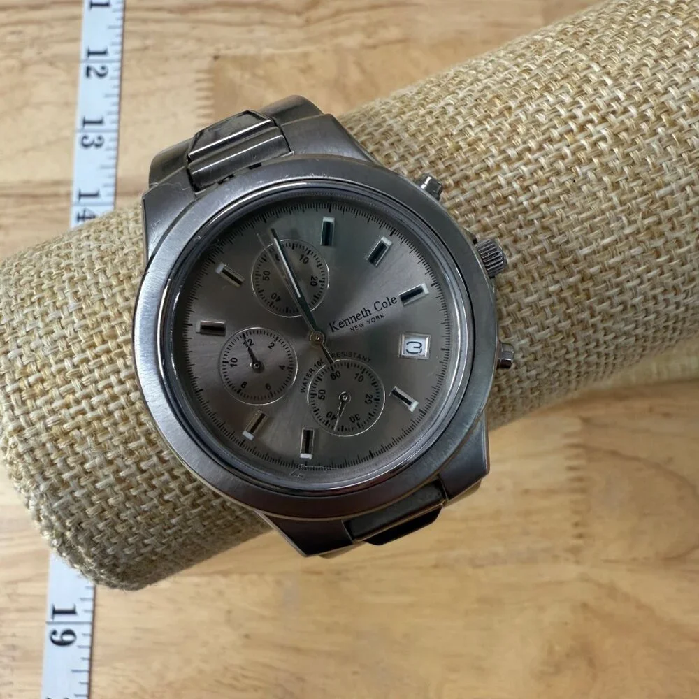 Kenneth Cole Mens Stainless Steel Chronograph Watch Silver Needs Battery